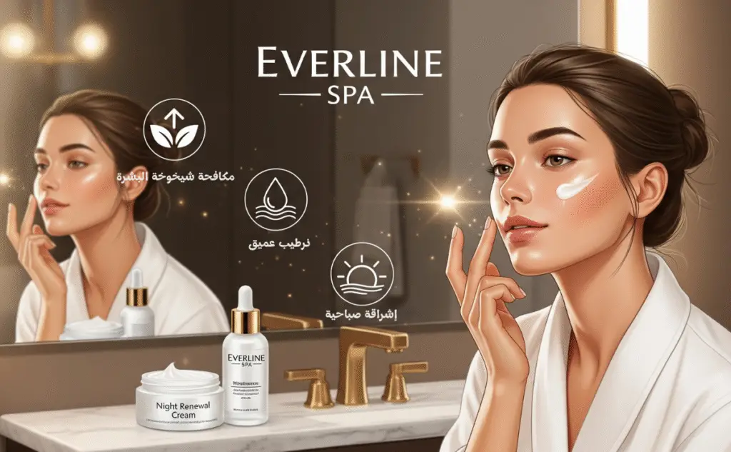 صورة توضيحية لامرأة تستخدم كريم ليلي، مع أيقونات تشير إلى مكافحة الشيخوخة، الترطيب، والإشراقة الصباحية، وتظهر منتجات إيفرلاين سبا.
